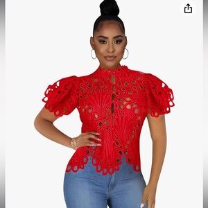 LIKE NEW - Red Lace Button Up Blouse